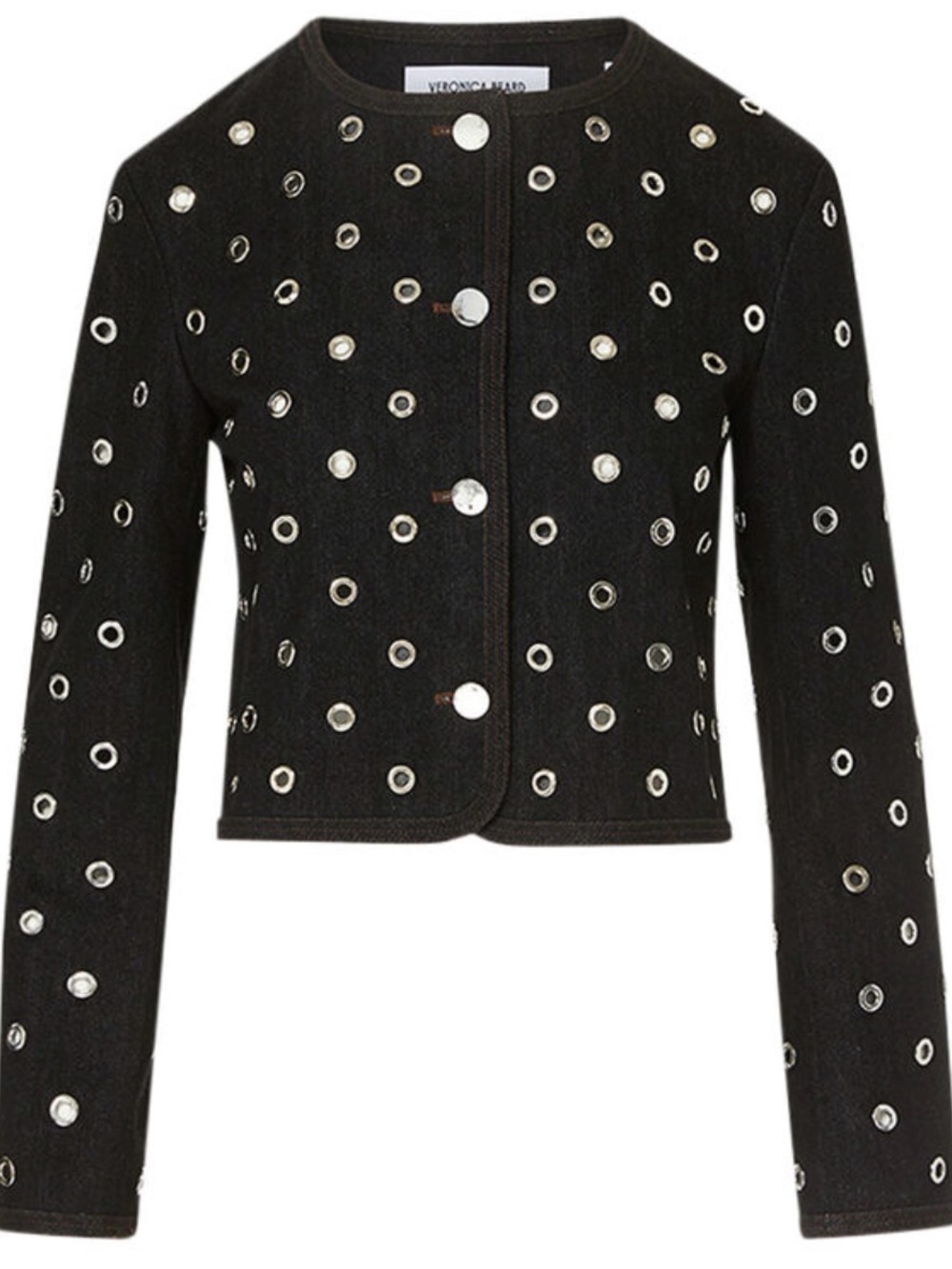 Veronica Beard Black Cropped Denim Jacket with Silver Grommets